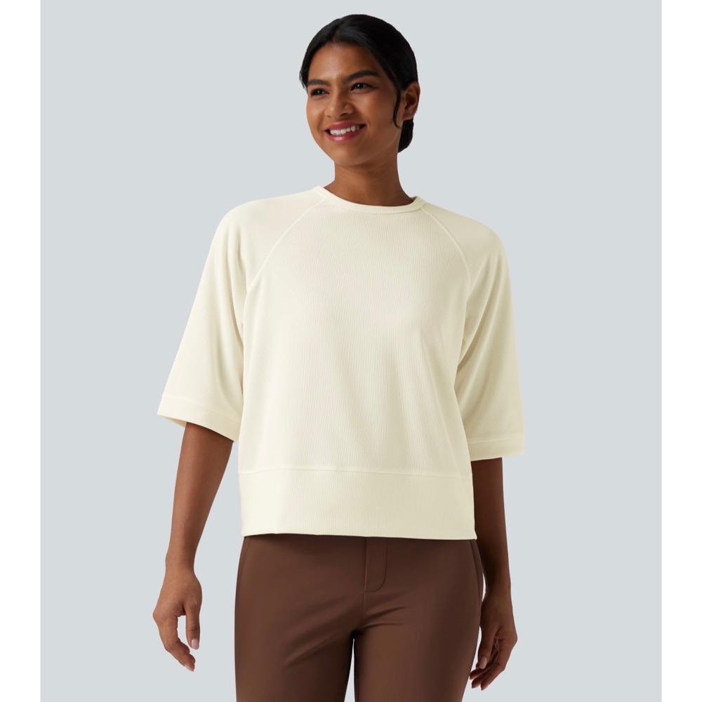 Halara Ribbed Round Neck 3/4 Sleeve Casual Sweatshirt Cream Off-White Medium
